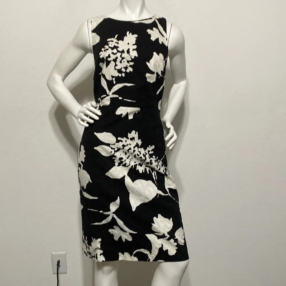 Talbots Cotton Black & White Sleeveless Floral Sheath Dress